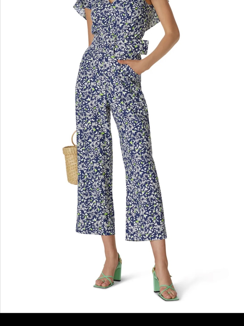 Tanya Taylor Avalon Confetti Belted Jumpsuit in Navy & Lime Green